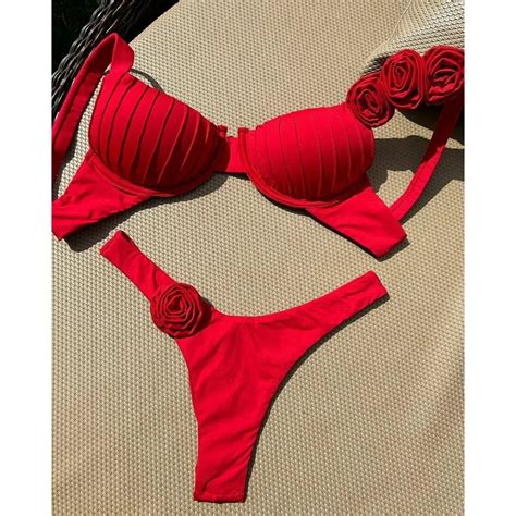 Conjunto De Bikini Rojo Con Realce Para Mujer Traje De Ba O Con