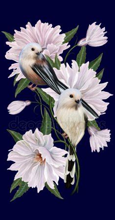 Two Small White Bird Sitting On The White Flowers Lilies On A