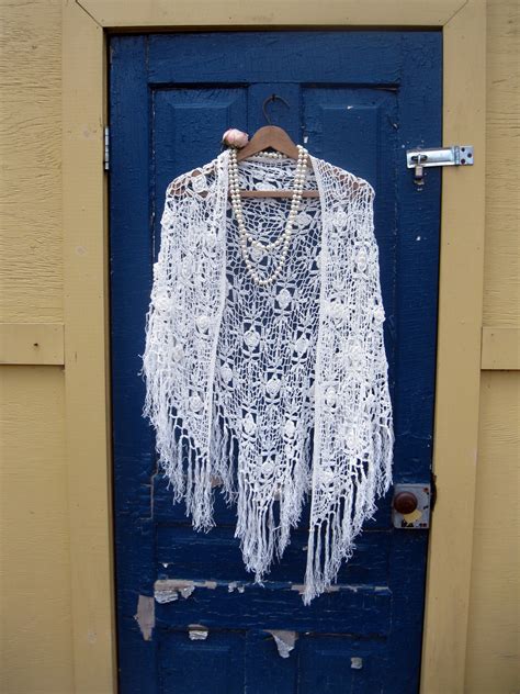 White Crochet Beaded Shawl Fringed Delicate White Crochet Etsy White Crochet Crochet Shawl