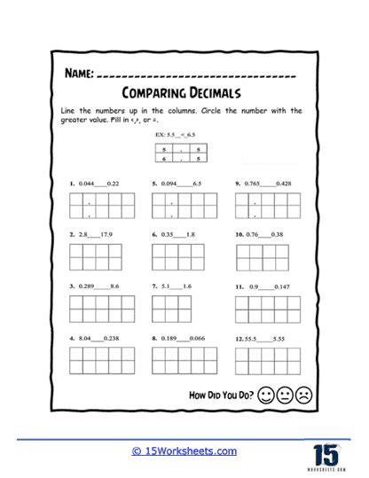 Comparing Decimals Worksheets Worksheets