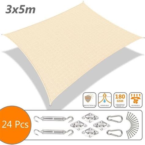 Voile D Ombrage Rectangulaire Vounot X M Ivoire Kit De Fixation