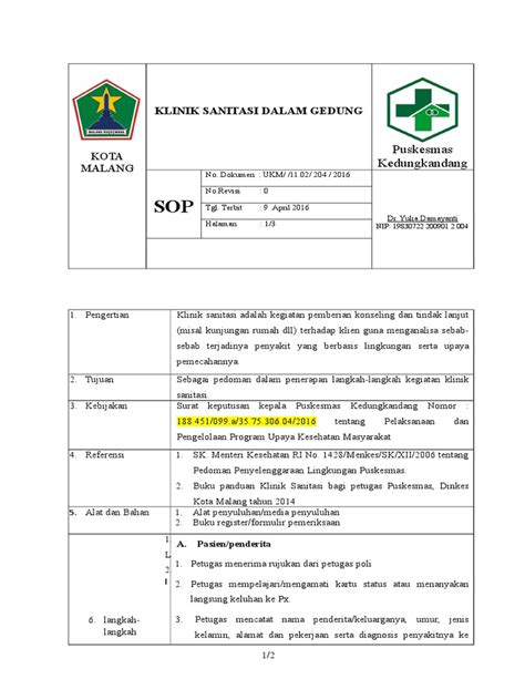 Sop Klinik Sanitasi Kdg 3 Pdf