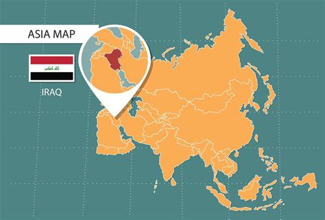 Iraq map in Asia zoom version, icons showing Iraq location and flags ...