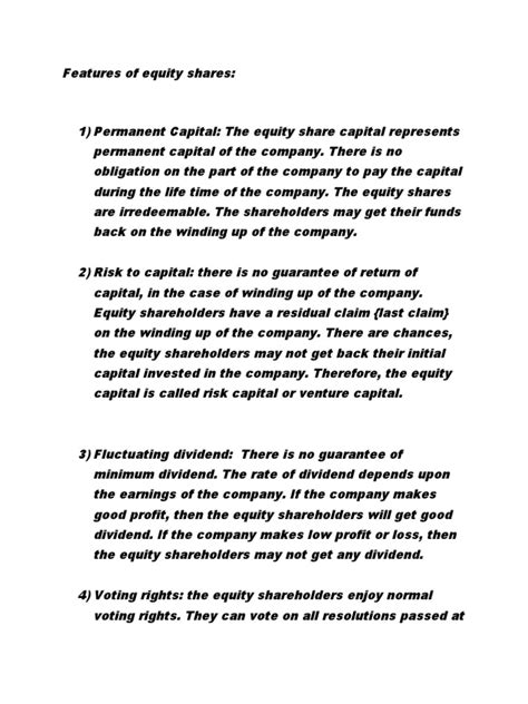 Features Of Equity Shares Pdf Stocks Dividend