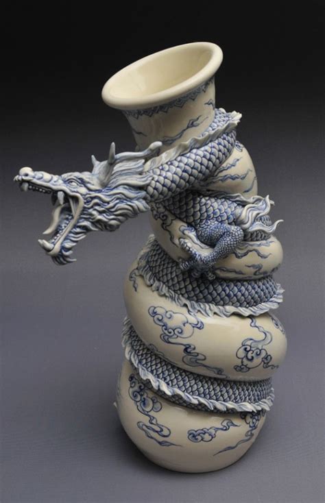 Dragon Coiled Around A Jar Beautifully Detailed Porcelain Sculpture By