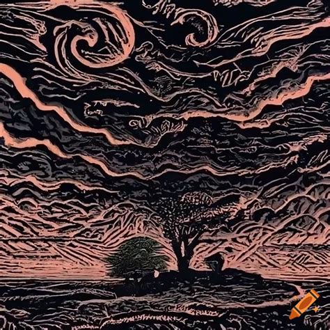 Linocut Illustration Of A Surreal Landscape At Sunrise On Craiyon