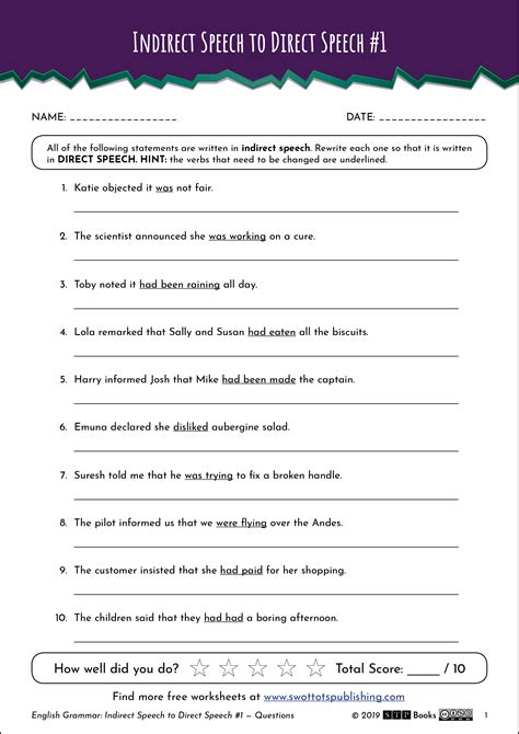 Direct And Indirect Speech Worksheets With Answers Class 8 Printable