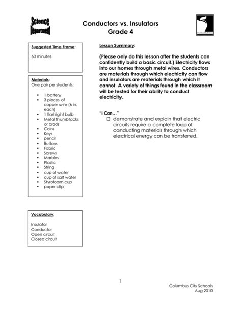 Conductors Vs Insulators Grade 4