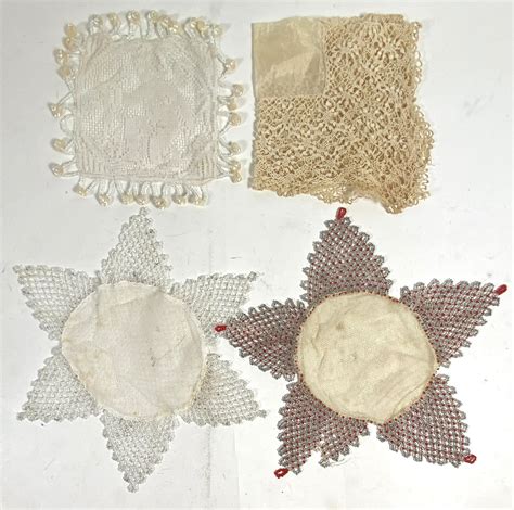 Lot A Collection Of Vintage Beaded Jug Covers Four Vintage Cotton Lace And Drawn Threadwork