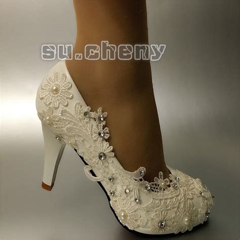 Su Cheny Lace White Ivory Pearls Flats Low High Heels Pumps Wedding