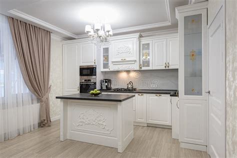White Luxury Modern Kitchen with Island Stock Photo - Image of interior ...