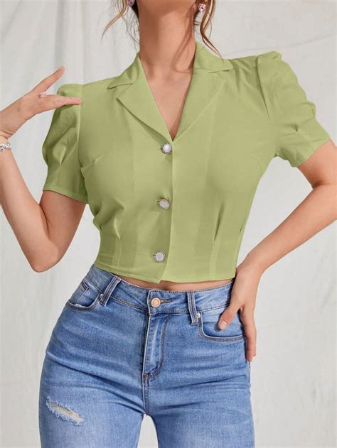 Lapel Neck Puff Sleeve Button Front Crop Blouse Crop Shirt Outfit