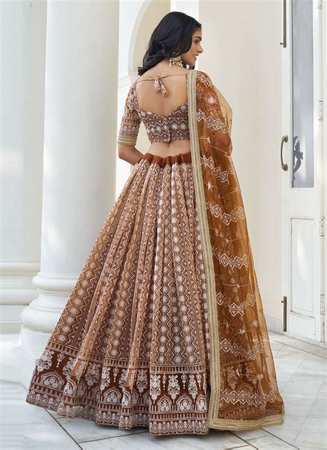 Shop Brown Net Embroidered Umbrella Lehenga Party Wear Online At Best