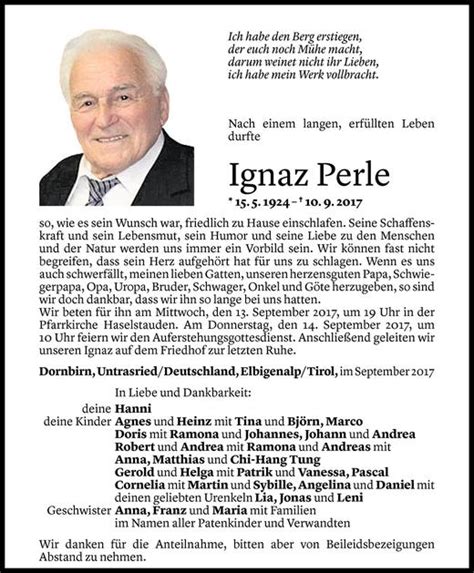 Todesanzeigen Von Ignaz Perle Todesanzeigen Vorarlberger Nachrichten