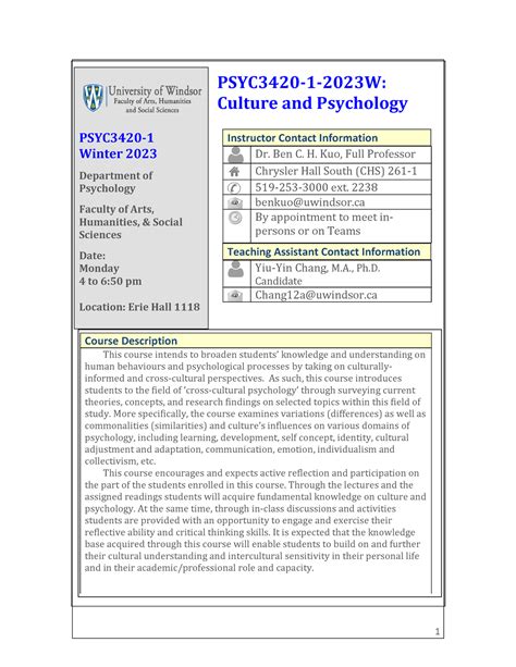 Psyc Culture And Psychology Course Syllabus Winter Psyc