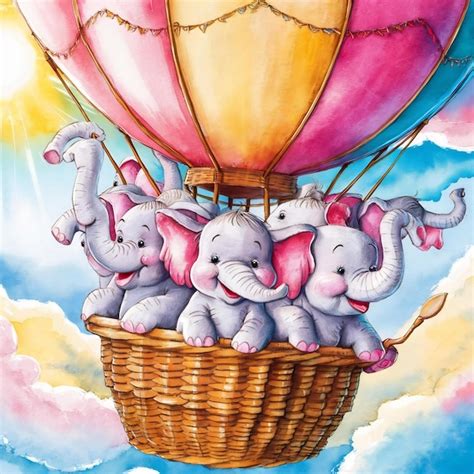 Set Of Cute Cartoon Elephant In A Hot Air Balloon Watercolor Illustration Premium AI Generated