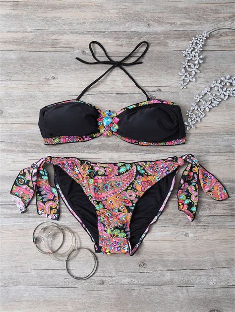 Print Splicing Strapless Bikini Set Red With Black M Strapless