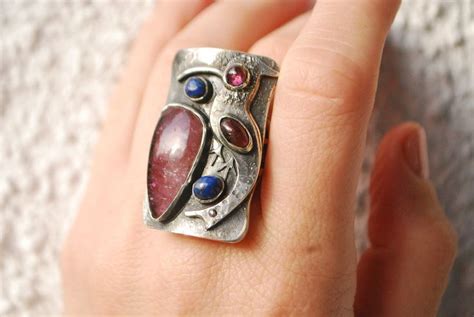 Artisan Pink Turmaline Ring Silver Oversized Bird Ring M Nature