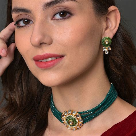 Sohi Gold Plated Green Stone Studded Jewellery Set Of Buy Sohi