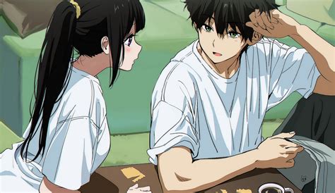 Bed Black Hair Blush Chitanda Eru Drink Green Eyes Hyouka Long Hair Male Mery Apfl0515 Oreki