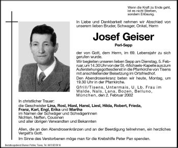 Traueranzeigen Von Josef Geiser Trauer Bz