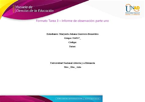 Formato Tarea Informe De Observaci N Parte Uno Formato Tarea