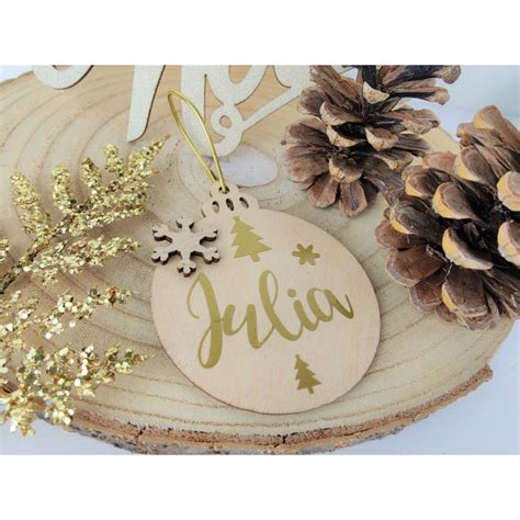 Boule Pour Sapin De Noel En Bois Personnalis E Or Fait Main Artisanal