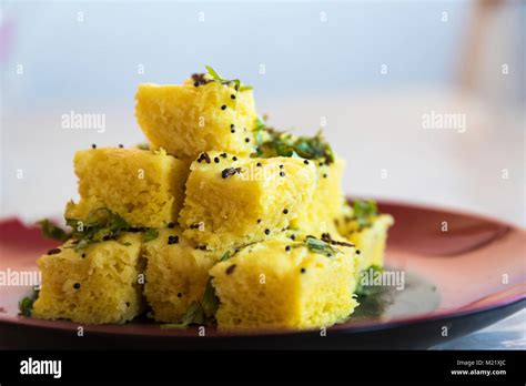 Gujarati Khaman Dhokla Or Steamed Gram Flour Snack Indian Cuisine