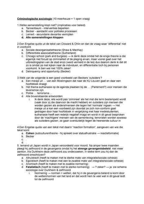 Examen Deel Criminologische Sociologie Criminologische Sociologie