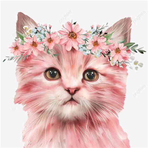 Adorável Gato Rosa Coroa Floral PNG Gato Rosa Rosas Flores PNG