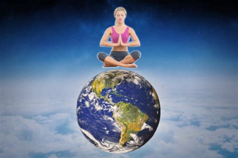 Composite Image Calm Blonde Sitting Lotus Pose Hands Together Stock