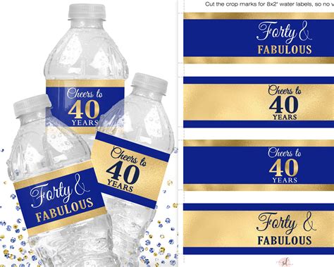 Blue Gold 40th Birthday Water Bottle Labels 40th Party Etsy