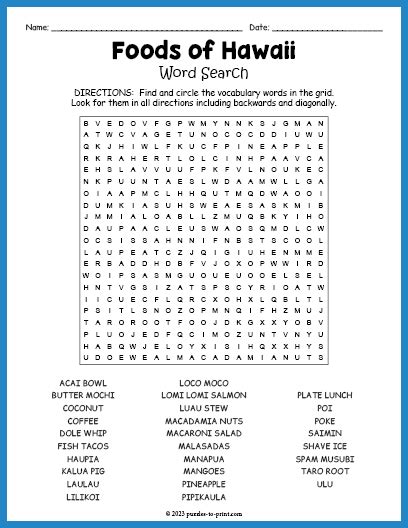 Foods Of Hawaii Word Search