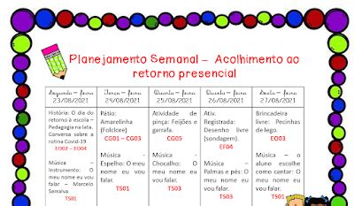 Planejamento Semanal Acolhimento Ao Retorno Presencial Bal O De Ideias