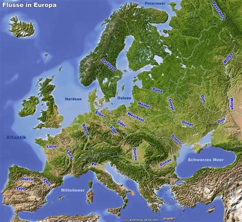 Flüsse in Europa Karte der längsten europäischen Flüsse Relief map