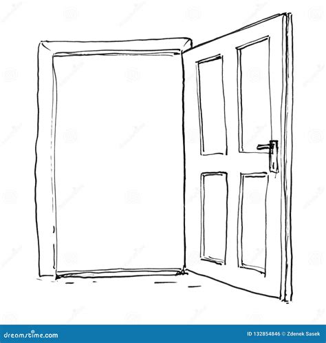 Black Ink Hand Drawing Of Open Wooden Door Stock Illustration