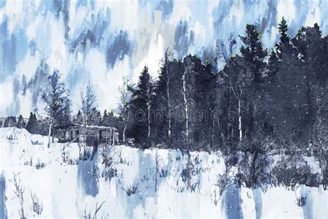 Digital Painting of Forest with Snow on Ground, Small House in Forest ...