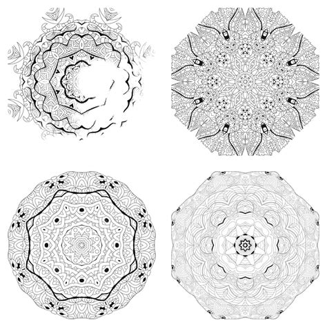 Set Of 4 Mandalas In Zentangle Style Handdrawn For Coloring Page Vector Cover Coloring Doodle