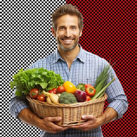 Hombre Con Una Canasta De Frutas Y Verduras Con Fondo Transparente