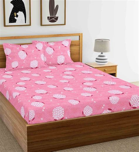 Buy Pink Floral 144 TC Cotton Queen Sized Bedsheet With 2 Pillow Covers