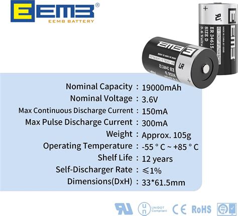 EEMB Paquete de 8 pilas ER34615 D de 3 6 V batería de litio de 19 Ah