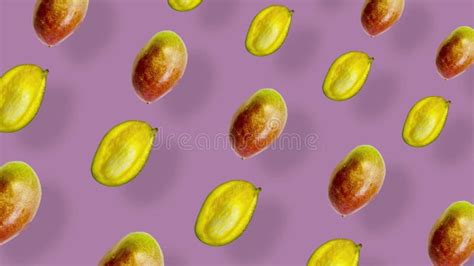 Colorful Fruit Pattern Of Fresh Mango On Pink Background With Shadows