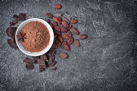 Top View Of Cocoa Powder In White Bowl With Chunks Of Chocolate And