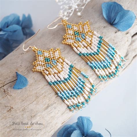 Miyuki Delica Beaded Earrings Dangle Miyuki Earrings With Fringes Blue