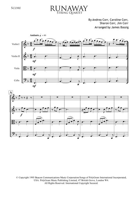 Runaway Arr James Bassig By The Corrs Sheet Music For String Quartet