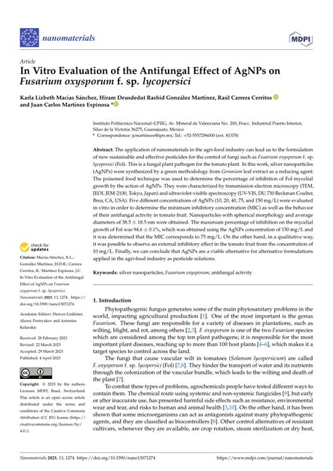 PDF In Vitro Evaluation Of The Antifungal Effect Of AgNPs On Fusarium