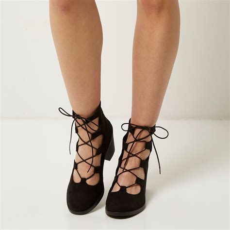 Lyst River Island Black Lace Up Flared Heel Shoes In Black