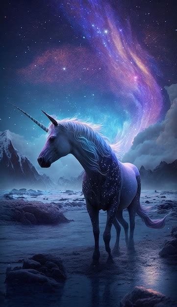 Una Pintura De Un Unicornio Con Una Cola Morada Y Azul Y La Palabra