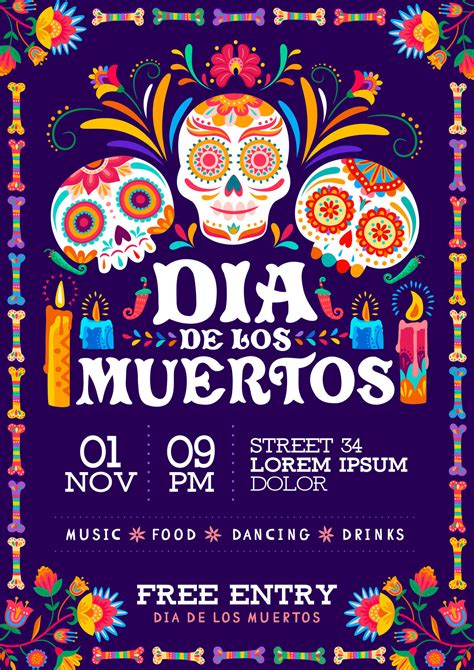 Dia De Los Muertos Party Flyer Mexican Holiday Vector Art At