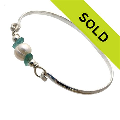 Summer Delight Aqua And Seafoam Sea Glass Bangle Bracelet In Sterling With Fresh Water Pearls